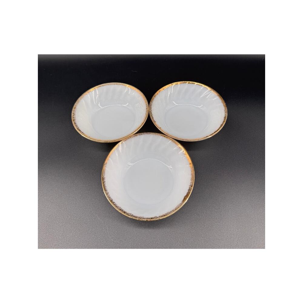 Vintage Fire King Milk Glass Bowls 22k Gold Rim Swirl Anchor Hocking Set of 3